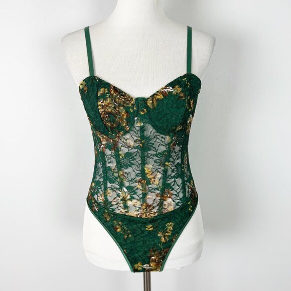 Fall Floral Lace Cami Bodysuit Tank Top Forest Fairy Whimsical Size Medium Women - Picture 1 of 5